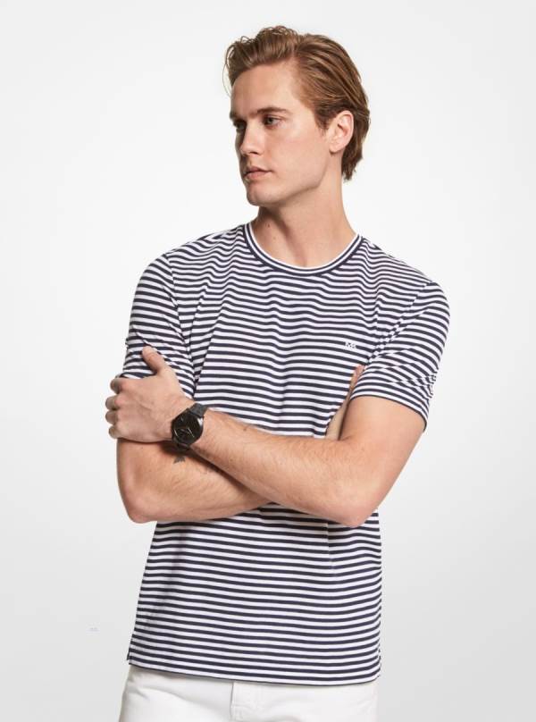 Panske Tricko Michael Kors Striped Textured Cotton Indigo - Oblecenie Michael Kors Akcia | BDIVM-6531
